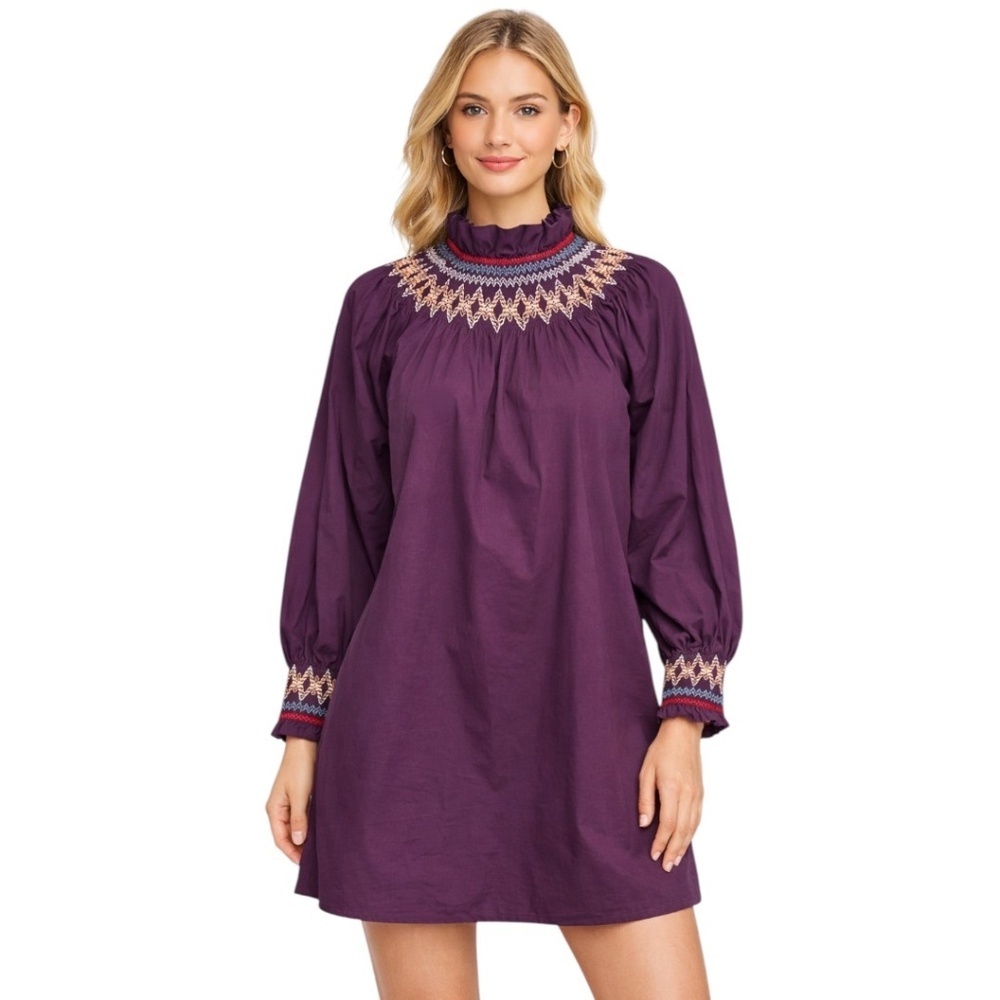 Tuckernuck Pomander Place Wrenley Smocked Dress XS Plum Embroidered Ruffle